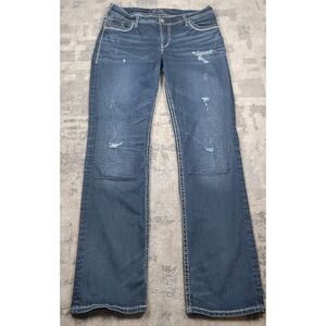 Silver Suki Mid Slim Bootcut MidRise‎ Double Knee Blue Denim Jeans Sz 12 33x32.5